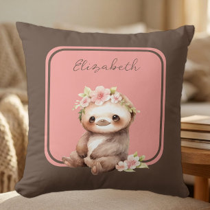 Cute sloth add name polka dots pink cushion