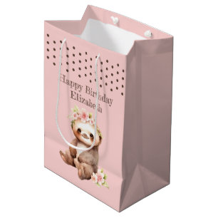 Cute sloth add name polka dots pink medium gift bag