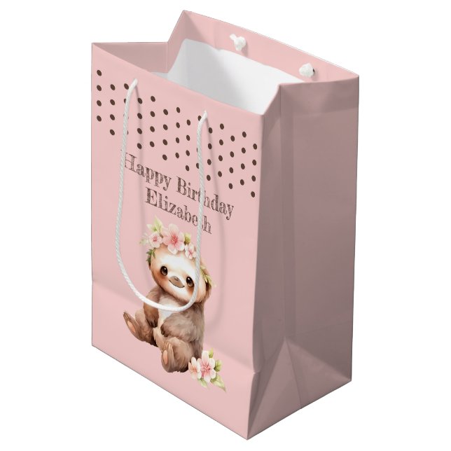 Cute sloth add name polka dots pink medium gift bag (Front Angled)