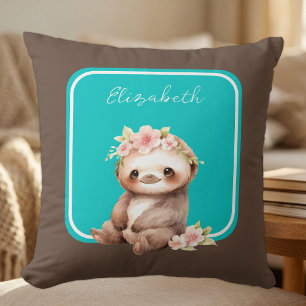 Cute sloth add name polka dots turquoise cushion