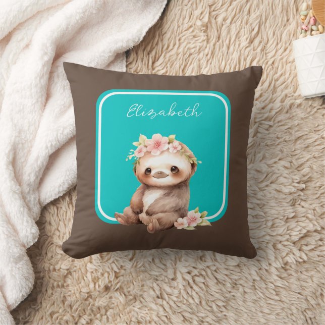Cute sloth add name polka dots turquoise cushion (Blanket)