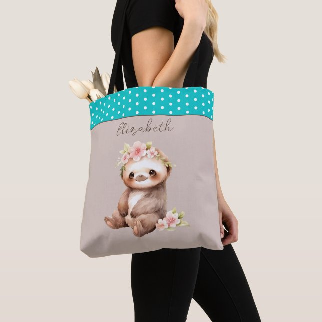 Cute sloth add name polka dots turquoise tote bag (Close Up)