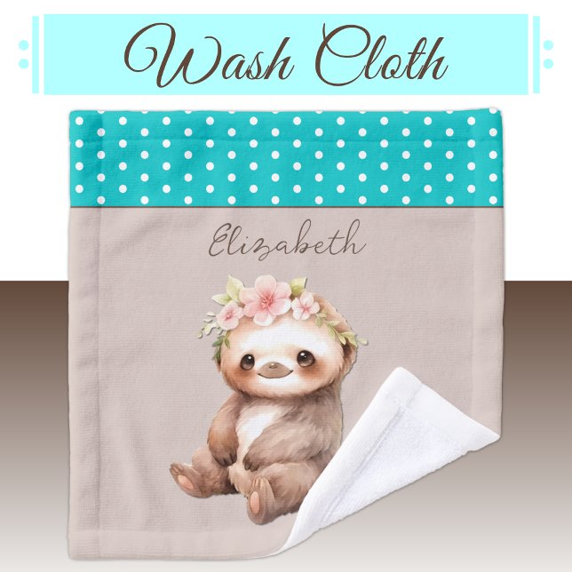 Cute sloth add name polka dots turquoise wash cloth (Creator Uploaded)