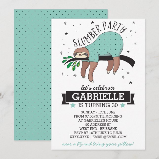 Cute Sloth Adult Slumber Party Invitation (Front/Back)