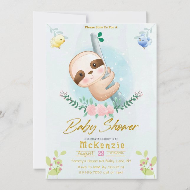 Cute Sloth and Birds Girl Baby Shower Invitation (Front)
