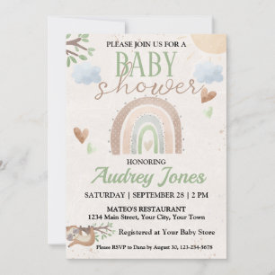 Cute Sloth and Boho Rainbow Baby Shower Invitation