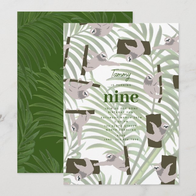 Cute Sloth Animal in Wild Forest Birthday Party Invitation (Front/Back)