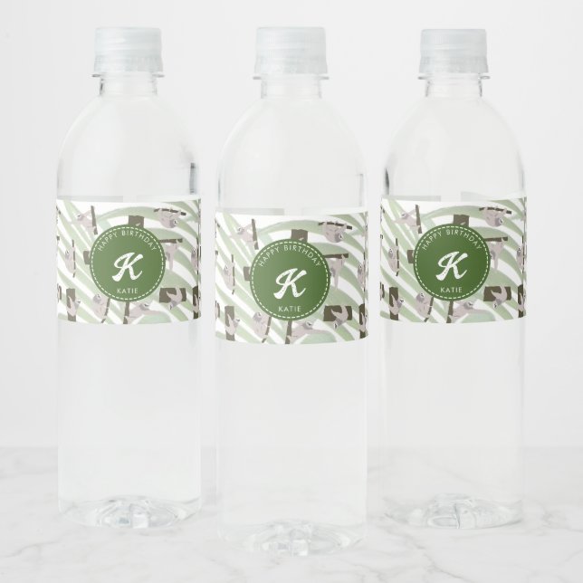 Cute Sloth Animal Pattern in Wild Forest Birthday Water Bottle Label (Bottles)
