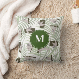 Cute Sloth Animal Pattern in Wild Forest Monogram Cushion