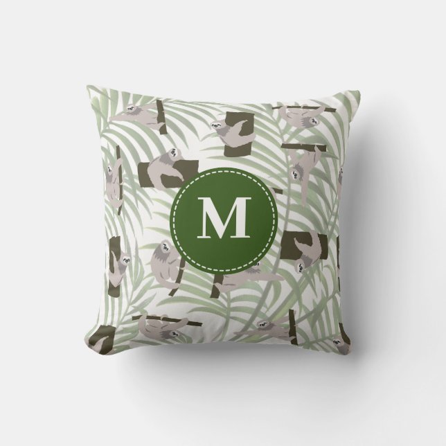 Cute Sloth Animal Pattern in Wild Forest Monogram Cushion (Front)