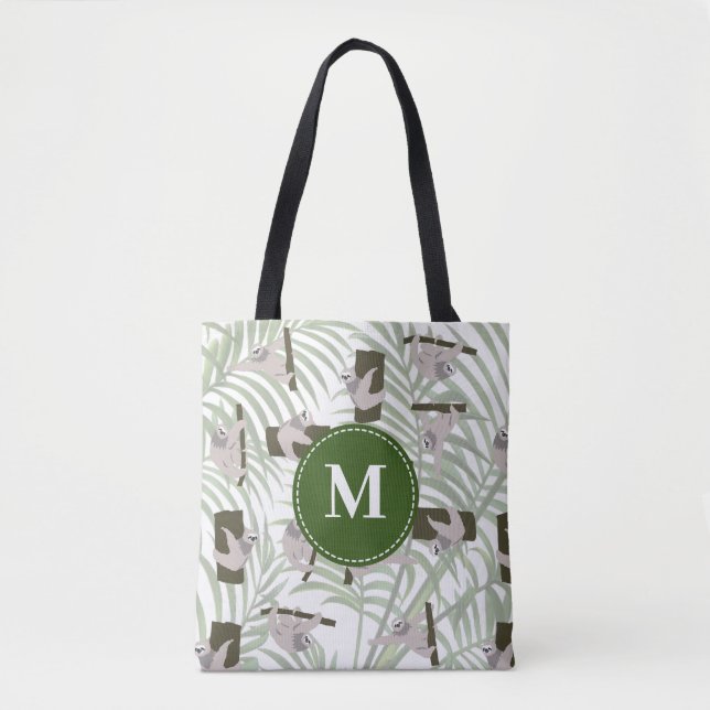 Cute Sloth Animal Pattern in Wild Forest Monogram Tote Bag (Front)