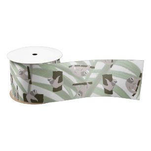 Cute Sloth Animal Pattern in Wild Forest Satin Ribbon