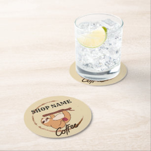 Cute sloth animals coffee Tea custom Shop name Round Paper Coaster
