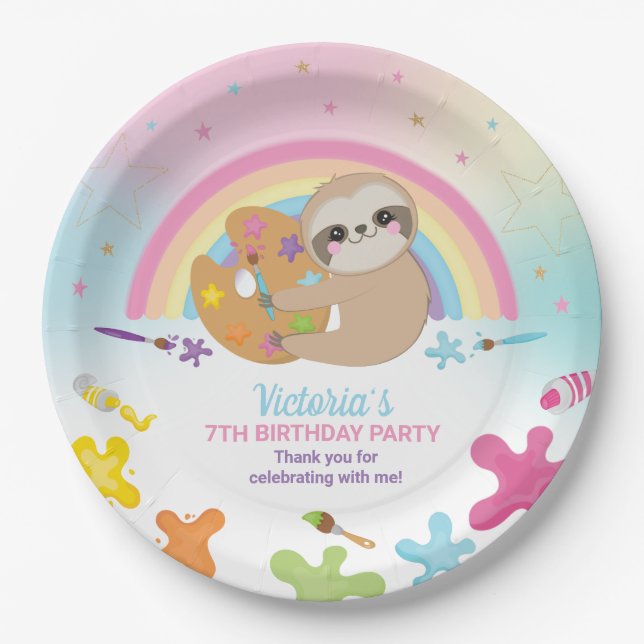 Cute Sloth Art Craft Party Rainbow Birthday  Paper Plate (Front)