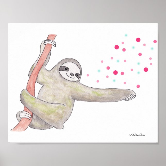 Cute Sloth Art Poster Happy Sloth Animal Wall Art (Front)