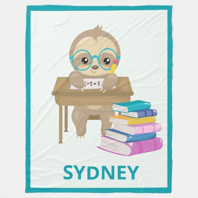 Cute Sloth at School Personalised Fleece Blanket (Front)