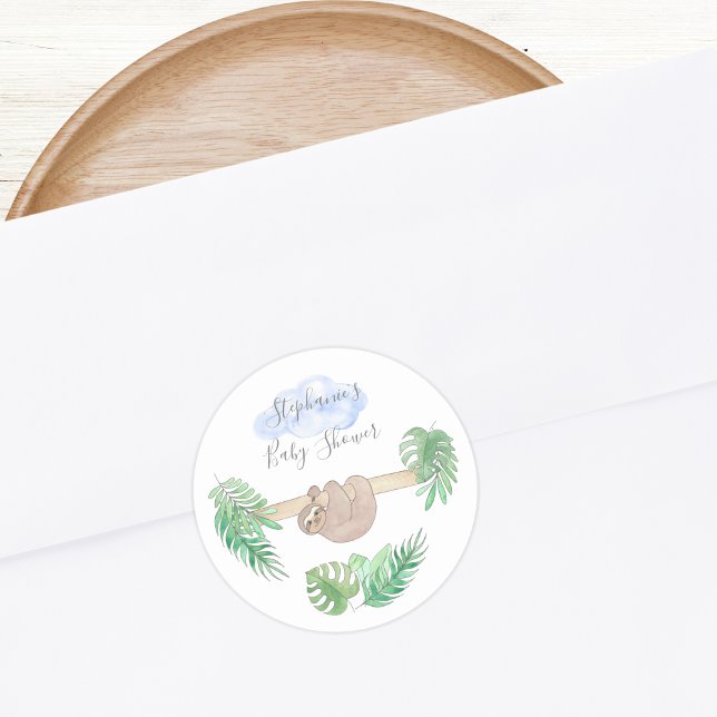 Cute Sloth Baby Boy Shower Classic Round Sticker (Creator Uploaded)