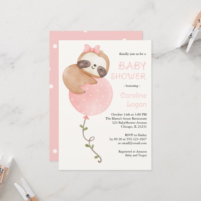 Cute Sloth Baby Girl Baby Shower Invitation (Front/Back In Situ)