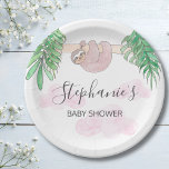 Cute Sloth Baby Girl Baby Shower Paper Plate<br><div class="desc">This pretty baby shower paper plate features a sweet baby sloth hanging from a branch,  with green watercolor jungle leaves and pink clouds.
All the text is customisable.
There are matching napkins in my store.
Original Watercolor © Michele Davies.</div>