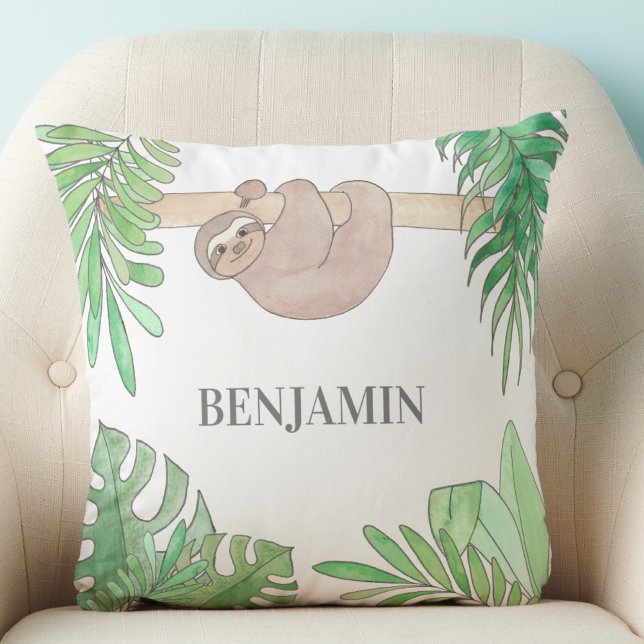 Cute Sloth Baby Jungle Leaves Watercolor Name Cushion (Creator Uploaded)