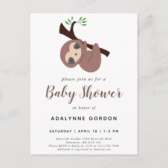 Cute Sloth Baby Shower Boy Adorable Animal Invitat Invitation Postcard (Front)