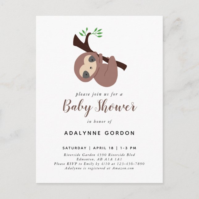 Cute Sloth Baby Shower Boy Adorable Animal Invitat Invitation Postcard (Front)