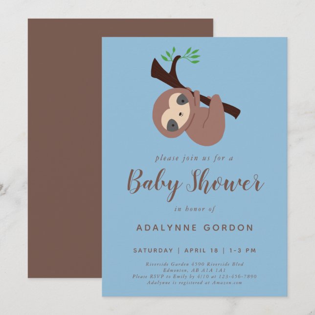 Cute Sloth Baby Shower Boy Blue Brown Kawaii Invitation (Front/Back)