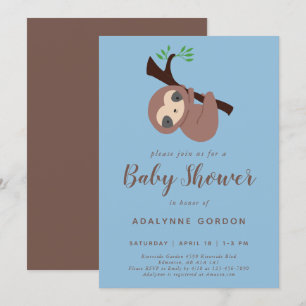 Cute Sloth Baby Shower Boy Blue Brown Kawaii Invitation