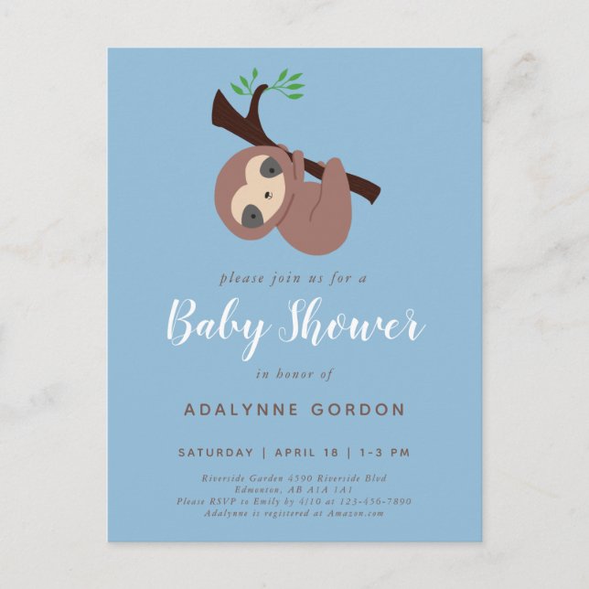 Cute Sloth Baby Shower Boy Blue Calligraphy Invita Invitation Postcard (Front)