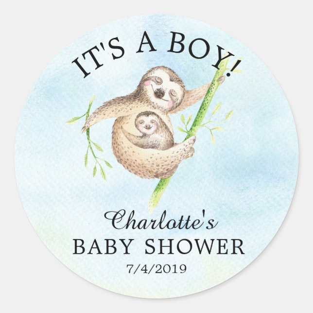 Cute Sloth Baby Shower Favour Sticker (Front)