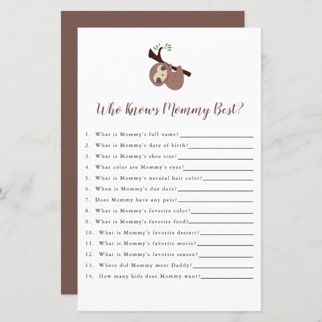 Cute Sloth Baby Shower Game Who knows Mummy Best (Front/Back)