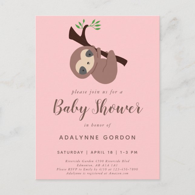 Cute Sloth Baby Shower Girl Pink Brown Calligraphy Invitation Postcard (Front)