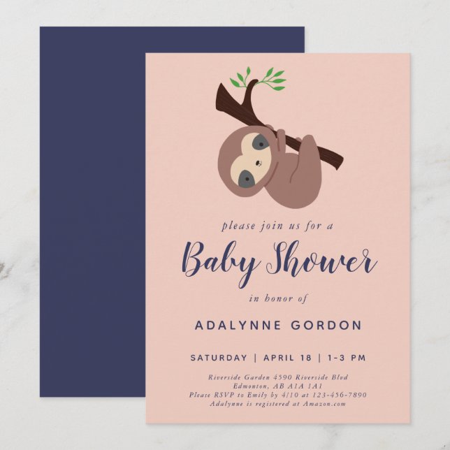 Cute Sloth Baby Shower Pink Purple Adorable Animal Invitation (Front/Back)