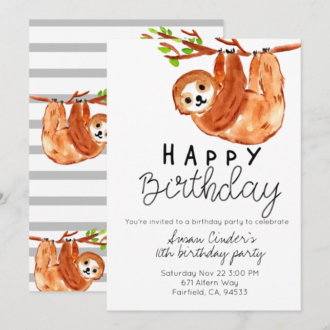 Cute sloth birthday kid party invite (Front/Back)