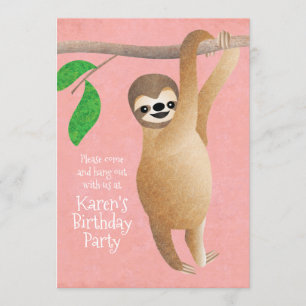Cute Sloth Birthday Party Hang Out Pink Invitation