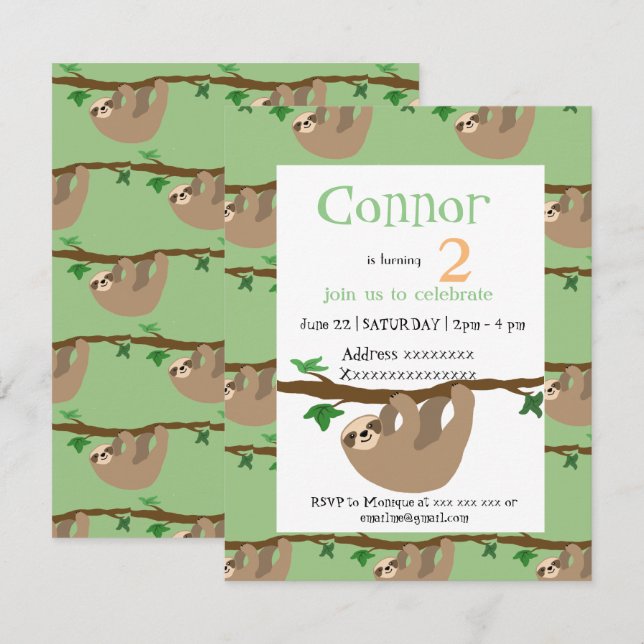 Cute Sloth,, birthday party invitation (Front/Back)