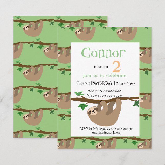 Cute Sloth, birthday party invitation (Front/Back)