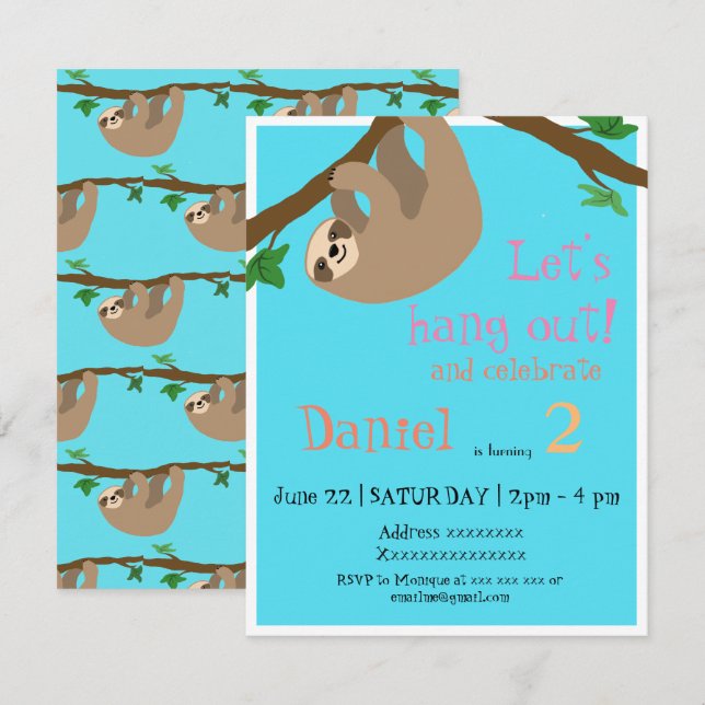 Cute Sloth, birthday party invitation (Front/Back)