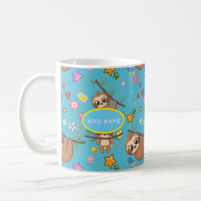 Cute Sloth Blue Pattern | Add Your Text Template Coffee Mug (Left)