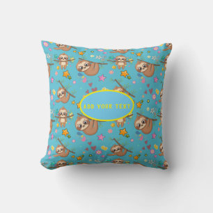 Cute Sloth Blue Pattern Add Your Text Template Cushion
