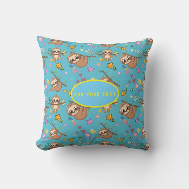 Cute Sloth Blue Pattern | Add Your Text Template Cushion (Front)