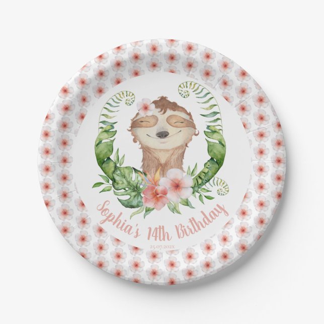 Cute Sloth Blush Pink Floral Girl's Name Birthday  Paper Plate (Front)