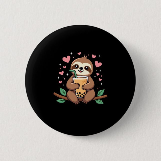 Cute Sloth Boba Bubble Milk Tea Kawaii Women Girls 6 Cm Round Badge (Front)