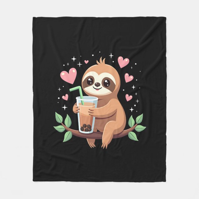 Cute Sloth Boba Bubble Milk Tea Kawaii Women Girls Fleece Blanket (Front)