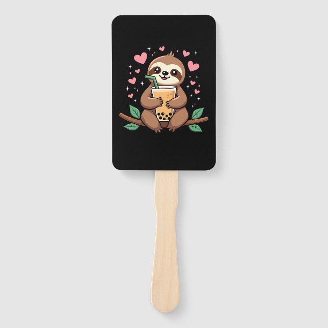 Cute Sloth Boba Bubble Milk Tea Kawaii Women Girls Hand Fan (Front)