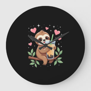 Cute Sloth Boba Bubble Milk Tea Kawaii Women Girls Large Clock