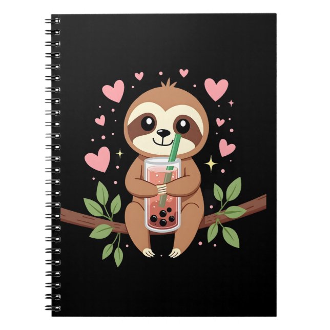 Cute Sloth Boba Bubble Milk Tea Kawaii Women Girls Notebook (Front)