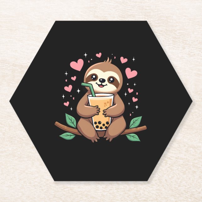 Cute Sloth Boba Bubble Milk Tea Kawaii Women Girls Paper Coaster (Front)