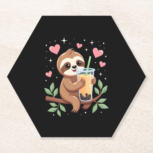 Cute Sloth Boba Bubble Milk Tea Kawaii Women Girls Paper Coaster (Front)