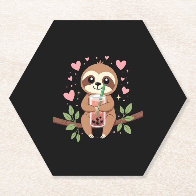 Cute Sloth Boba Bubble Milk Tea Kawaii Women Girls Paper Coaster (Front)